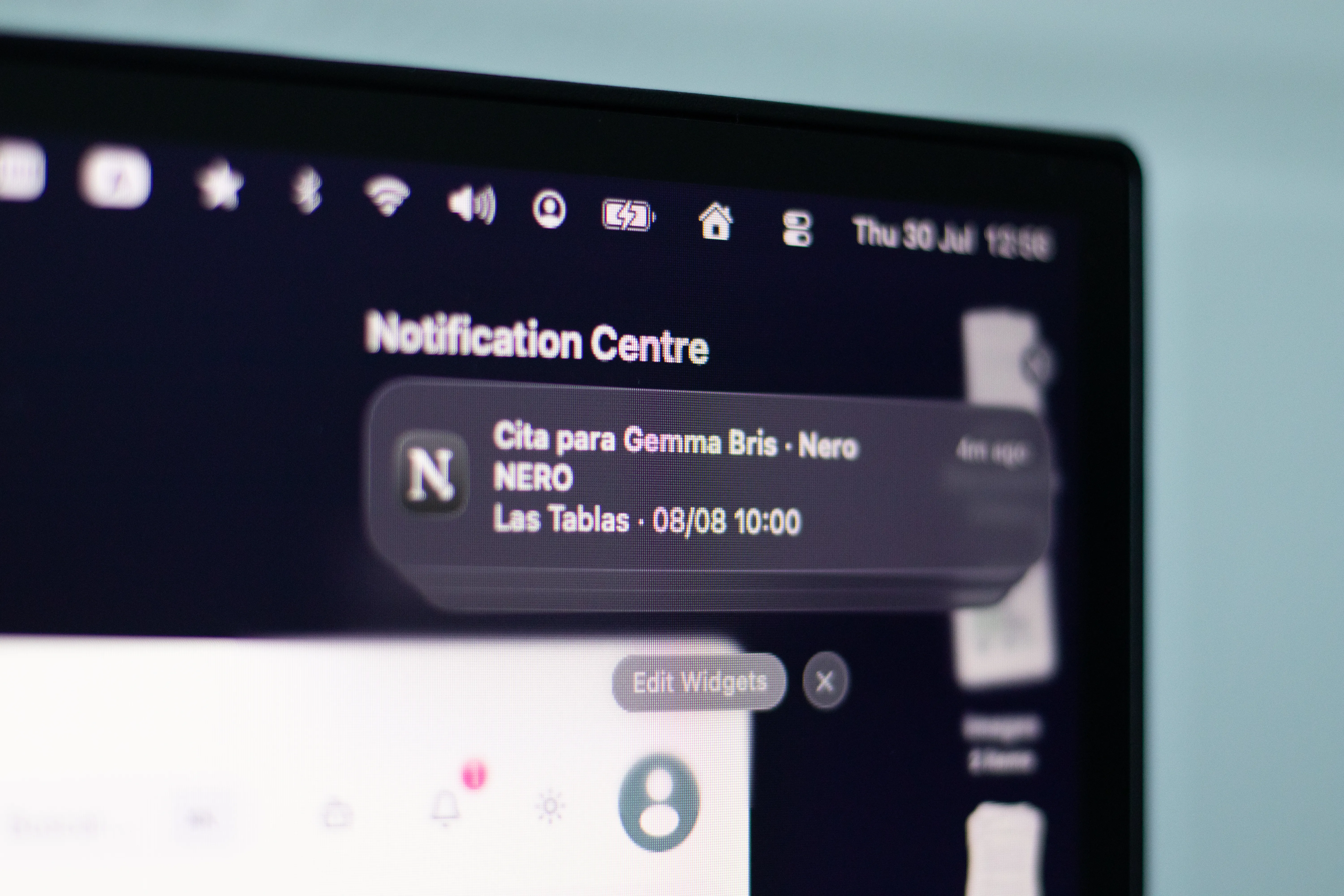 Notificación de NERO en el ordenador avisando de una nueva cita reservada